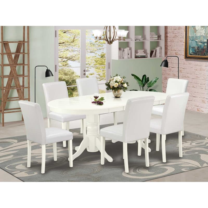 Southwestern Dining Set 7Pc - Table & 6 Chairs - Linen White Legs - PU Leather White Finish