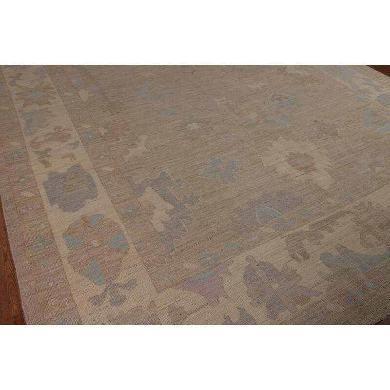 Transitional Beige Oushak Turkish Area Rug Hand-Knotted Wool Carpet - 8'11"x 11'10"
