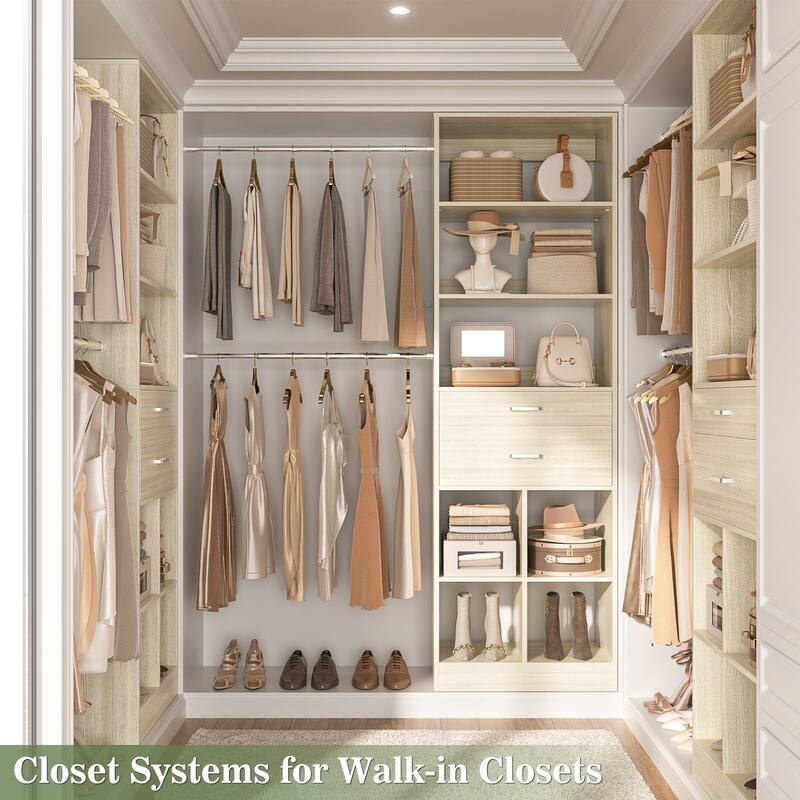 66''-100'' Walk-in Closet Organizer with 5 Hanging Rods and 2 Wooden Drawers，4-8FT Sturdy Closet System with Storage Shelves