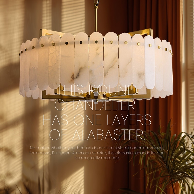 24 in. 8-Light Modern Gold Alabaster Drum Chandelier with Adjustable Chain for Dining Room and Living Room