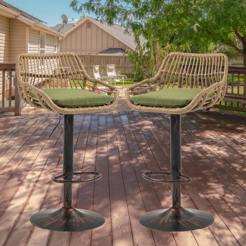 Plastic Rattan Linen Swivel Adjustable Height Bar Stools With Footrest(set of 2) - Olive