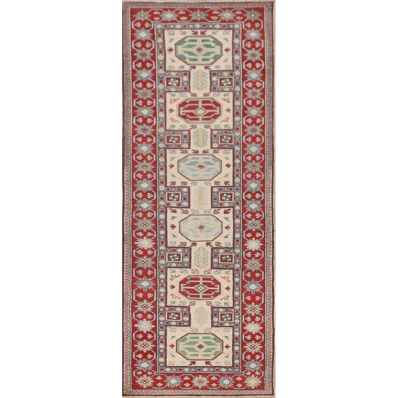 Geometric Kazak Runner Rug Hallway Handmade Wool Carpet - 2'9" x 9'4"