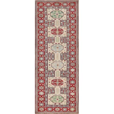 Geometric Kazak Runner Rug Hallway Handmade Wool Carpet - 2'9" x 9'4"