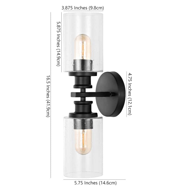 Jules Edison 16.5" Cylinder 2-Light Iron/Seeded Glass Farmhouse Contemporary LED Wall Sconce, Black by JONATHAN Y - One