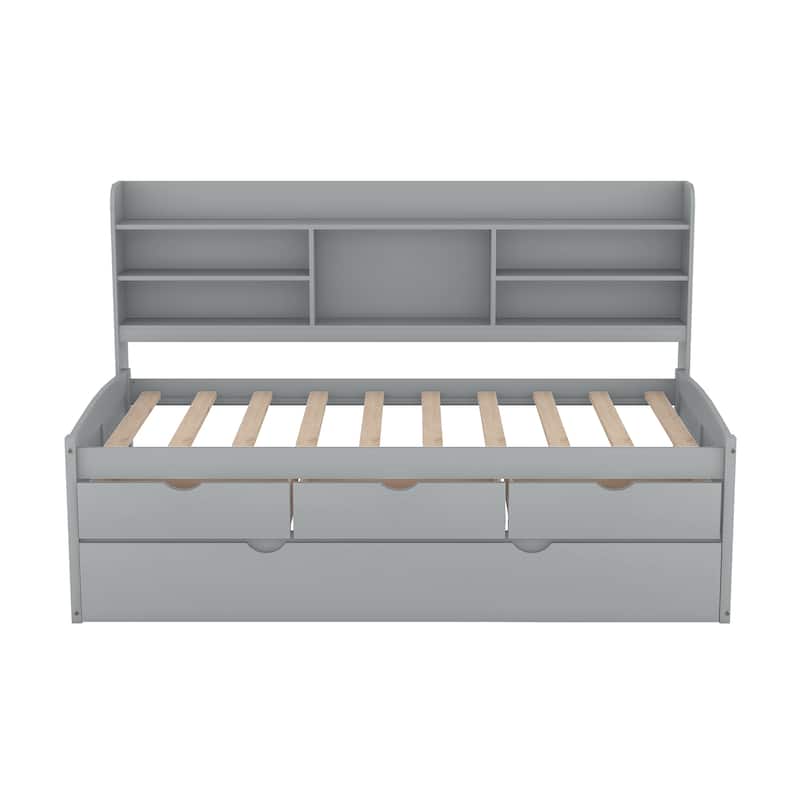 Twin Size Wooden Captain Bed with Bookshelves, Trundle, and Storage Drawers