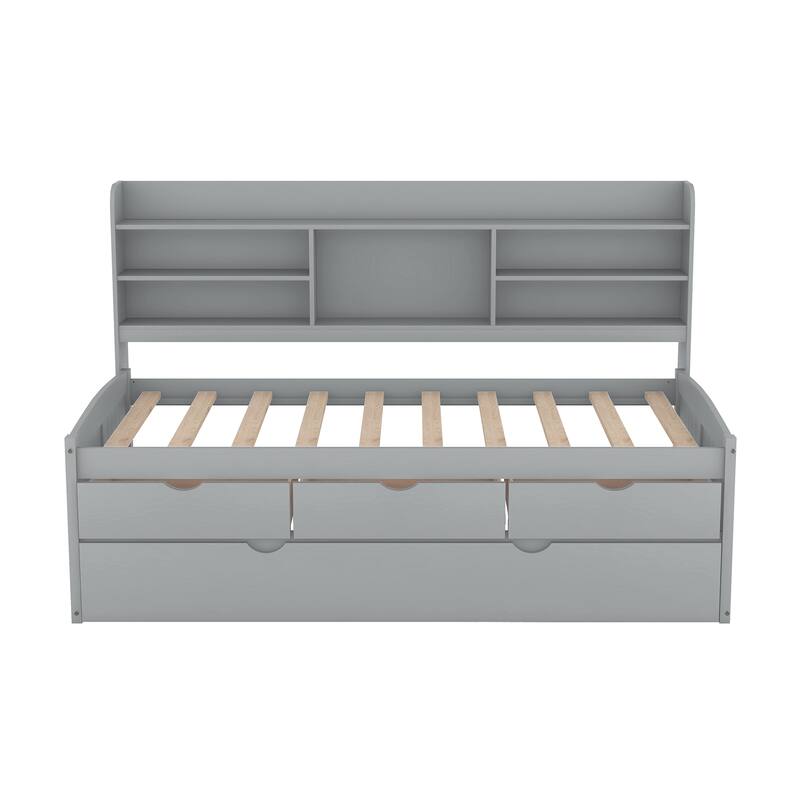 Twin Size Wooden Captain Platform Bed with Built-in Bookshelves, Three Storage Drawers and Trundle