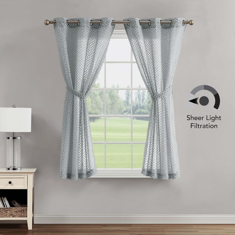 Creative Home Ideas Mia Embellished Sheer Grommet Window Curtain Panel Pair with Tiebacks,