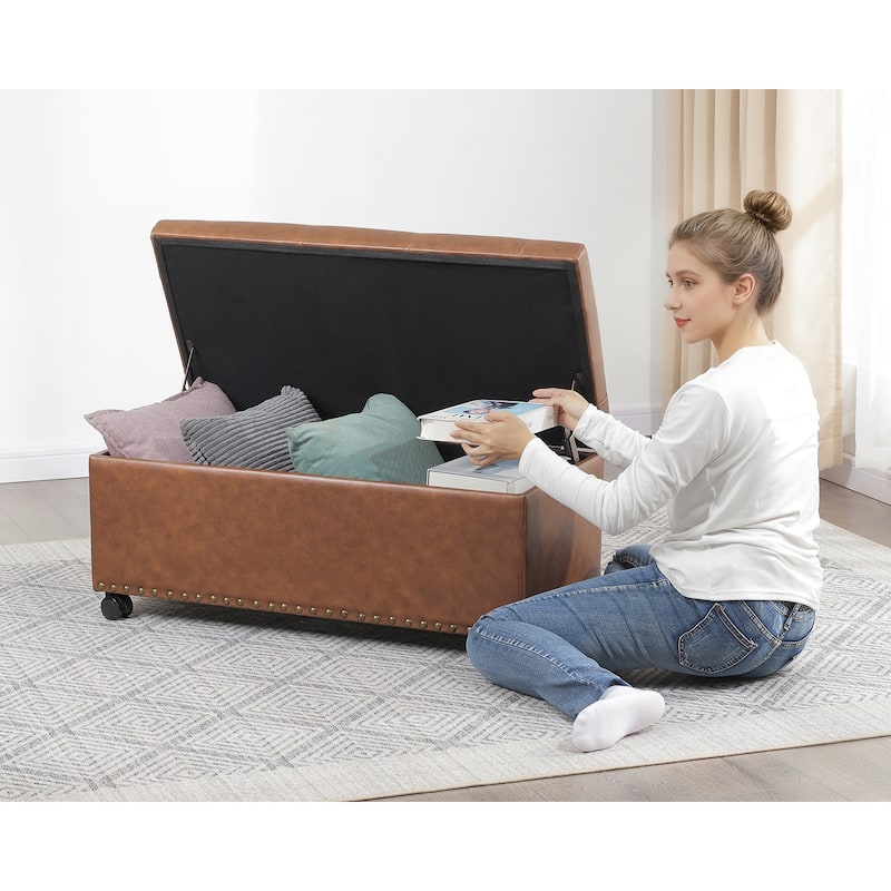 Adeco 35" Storage Ottoman Tufted Faux-Leather Lifted Top Bench