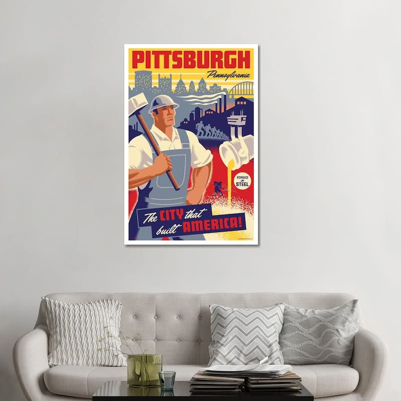 iCanvas "Pittsburgh Steel Worker Travel Poster" by Jim Zahniser Canvas Print - 48x32x1.5