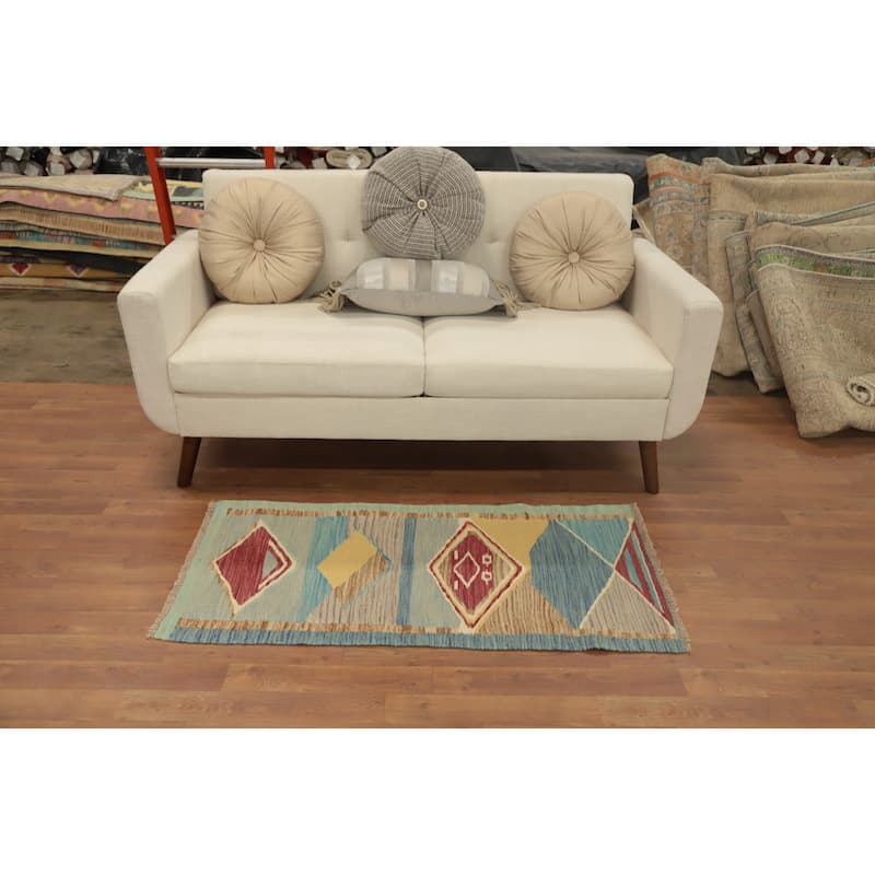 Hand Woven Oriental 100% Wool Carpet Southwestern Geometric Multi-Colored Kilim Area Rug - 4' 0'' X 2' 0''