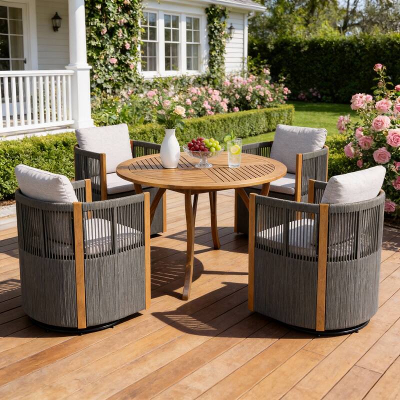 Christopher Knight Home - Faye 5-Piece Outdoor Acacia Wood Swivel Dining Set with Rope Cushioned Chairs & Curved-Leg Round Table