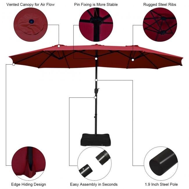 15 Foot Extra Large Patio Double Sided Umbrella with Crank and Base - 15' x 8' (W x H)