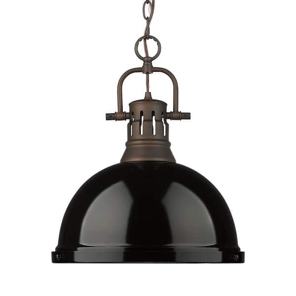 slide 1 of 1, Yep by Golden Lighting Duncan 1-light 14in Chain Hung Pendant in Rubbed Bronze and Black shade
