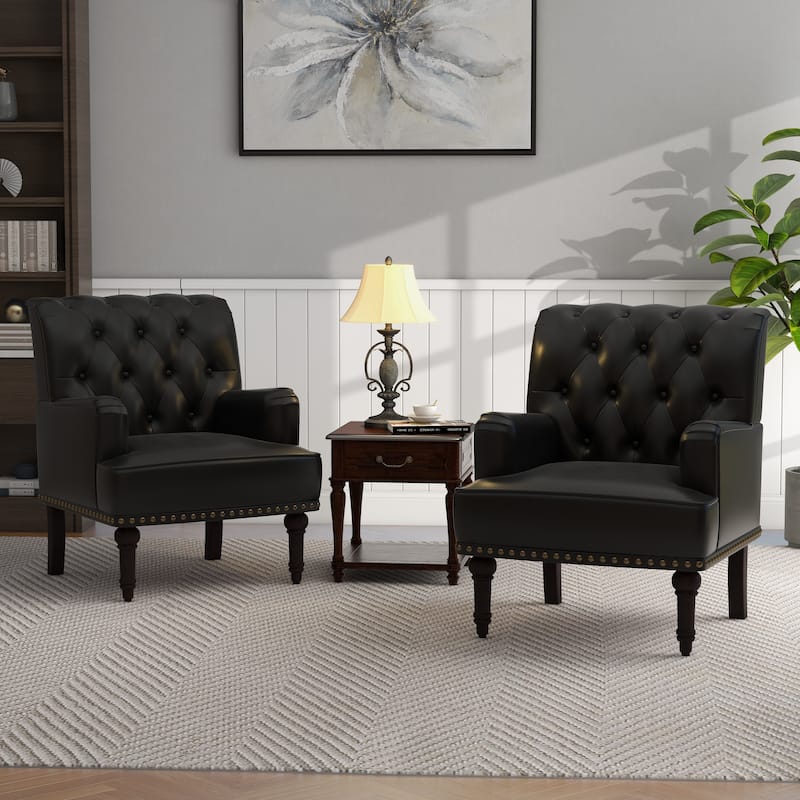 Tufted Vegan Leather Accent Chairs Armchairs with Nailhead Trim - Black-2Set