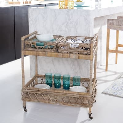 SAFAVIEH Teressa 2-Tier Rattan Bar Cart - 30.3" x 28.7" x 18.3" - 29Wx18Dx30H