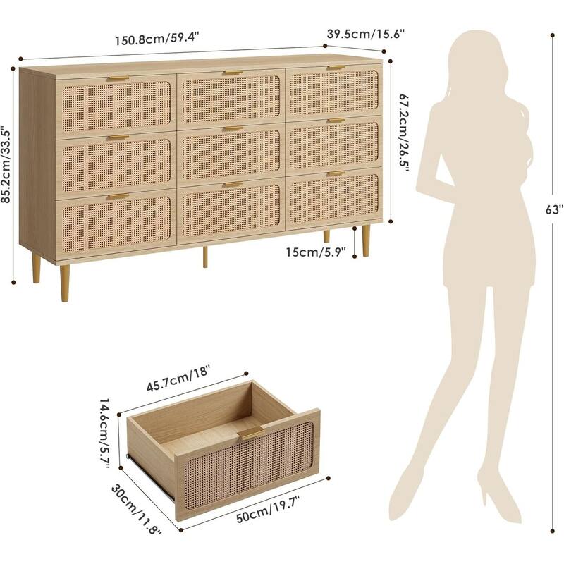 Rattan 9 Drawer Dressers TV Stand for Bedroom Living Room