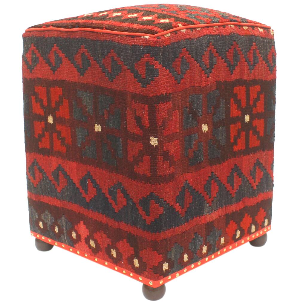 Tribal Prince Red/Blue Handmade Kilim Upholstered Ottoman