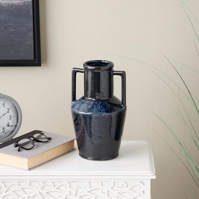 Dark Blue Ceramic Ombre Textured Decorative Vase with Rectangular Handles