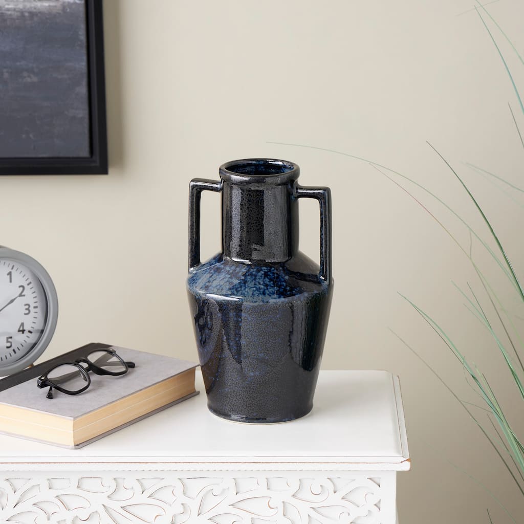 Dark Blue Ceramic Ombre Textured Decorative Vase with Rectangular Handles