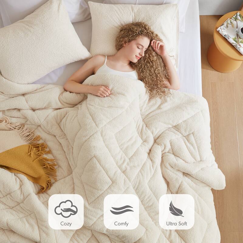 Chelsea Square Kyla Double Diamond Quilted Teddy Comforter Set - Ivory - King