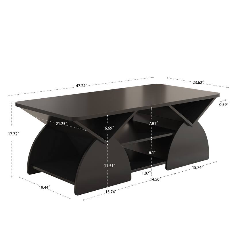 47.2'' Modern Engineered Wood Coffee Table with Open Storage Shelves, Rounded Corners & Sturdy Frame for Living Room