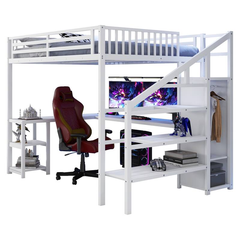 Metal Queen Loft Bed with Wardrobe and LED Light, Queen Size Loft Bed with L Shaped Desk and USB for Kids Teens Adults