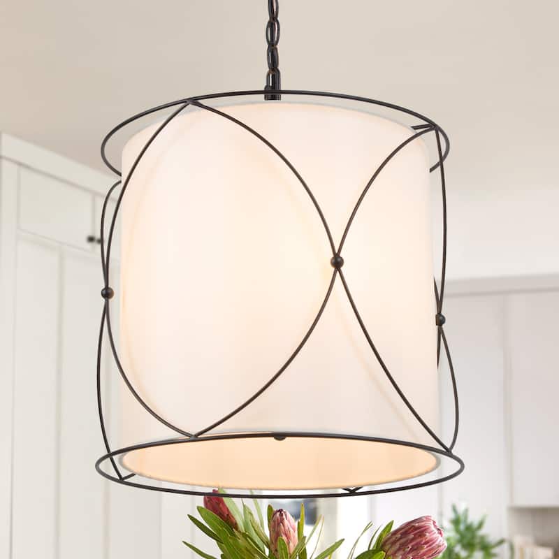 Modern Farmhouse Black Chandelier Drum Pendant Lights with Off-white Fabric for Kitchen Island - D13" X H 14"