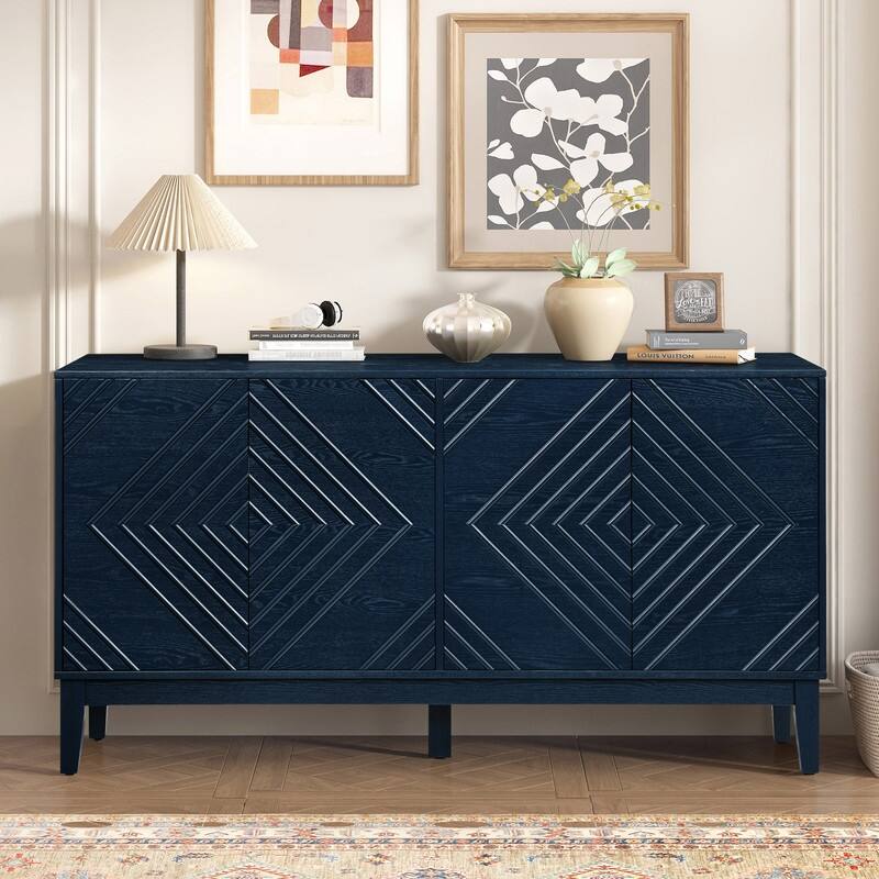 Farmhouse 60.5" Buffet Cabinet with Adjustable Shelves and Geometric Pattern for Stylish Storage Solutions