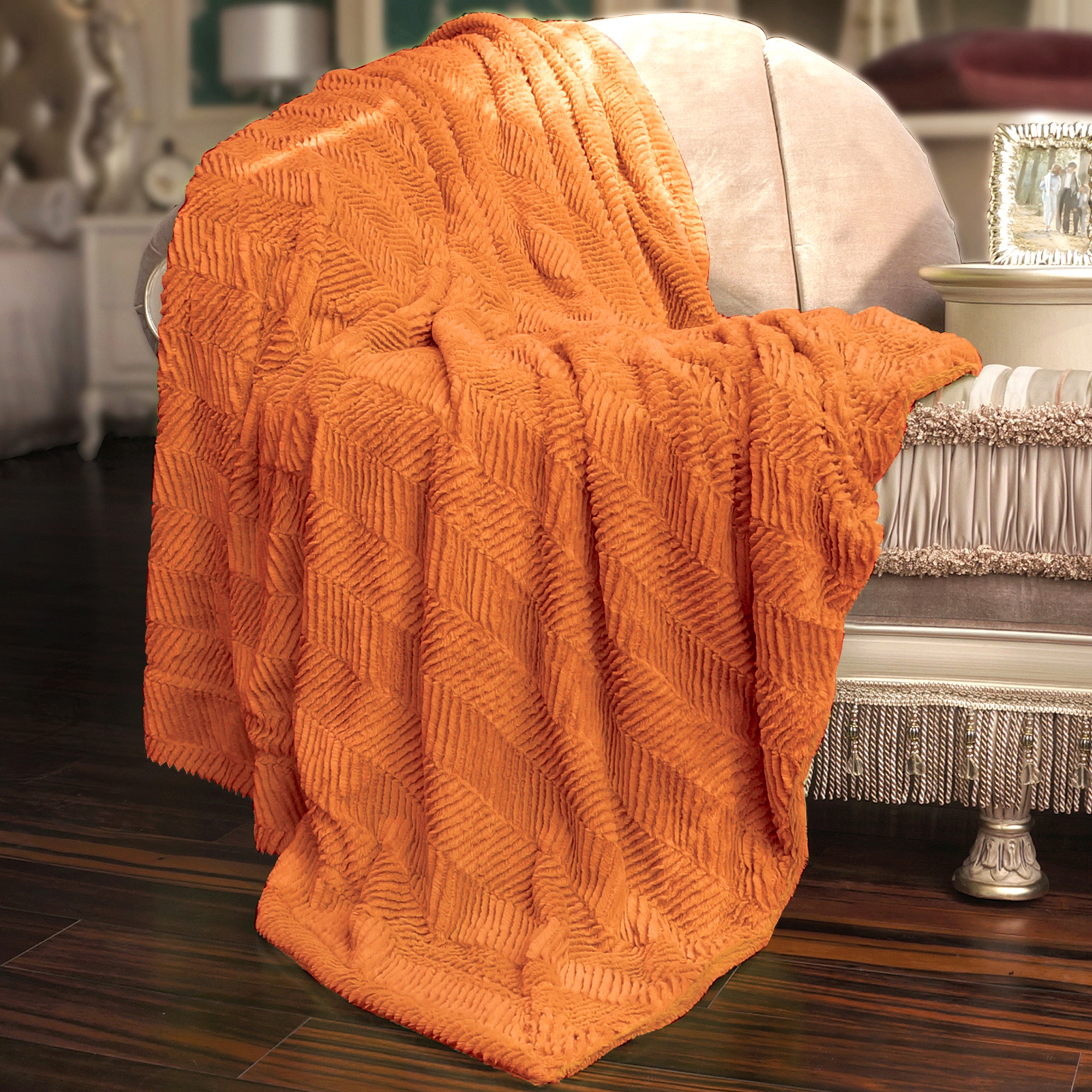 Boon Throw Blanket Herringbone Faux Fur Throw Blanket Color Burnt Orange