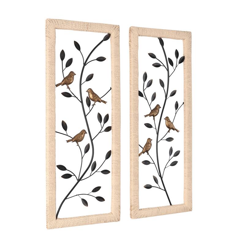 Black Metal Leaf Home Wall Decor with Cream Rattan Frame and Bronze Bird Accents (Set of 2)