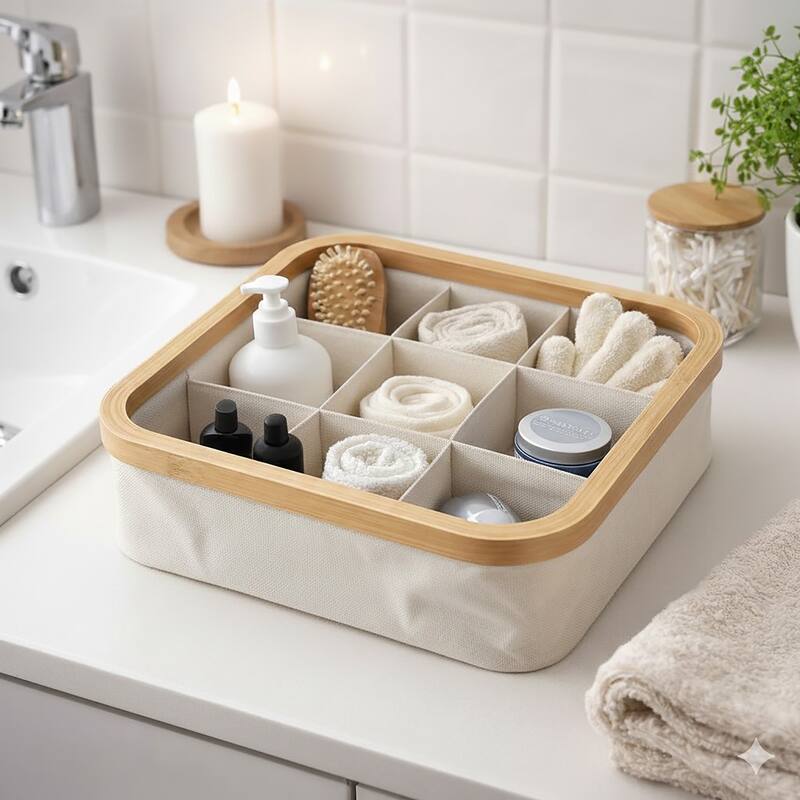 Square Foldable Storage Basket 9-Compartment - 12 L x 12 W x 4 H - Ecru