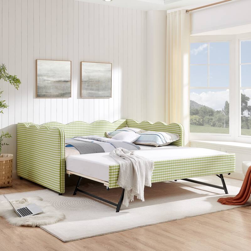 Upholstery Daybed Full Size Sofa Bed with Twin Size Trundle and Charging Ports, Linen Fabric Plaid Pattern and Wavy Silhouette