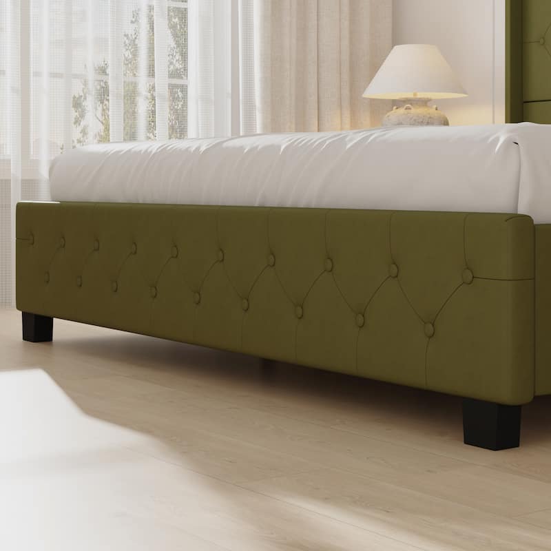 King Size Olive Green Leather Upholstered Platform Bed with Extra Tall 52.8" Tufted Wingback Headboard Bed Frame