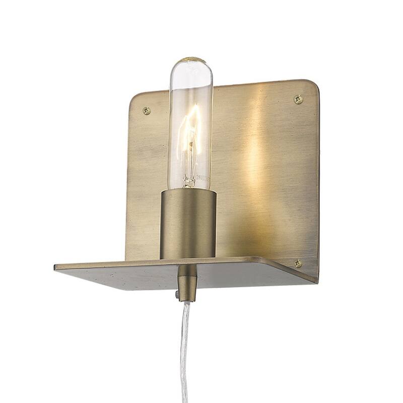 Modern Dull Gold Plug-In Wall Sconce with Shelf Steel Flush Mount Light Fixture LED Compatible - 6" H x 5" W x 5" D