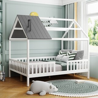 Full Size Wood House Bed with Fence, Playhouse Design for Kids, Sturdy Pine Construction, Customizable Decor