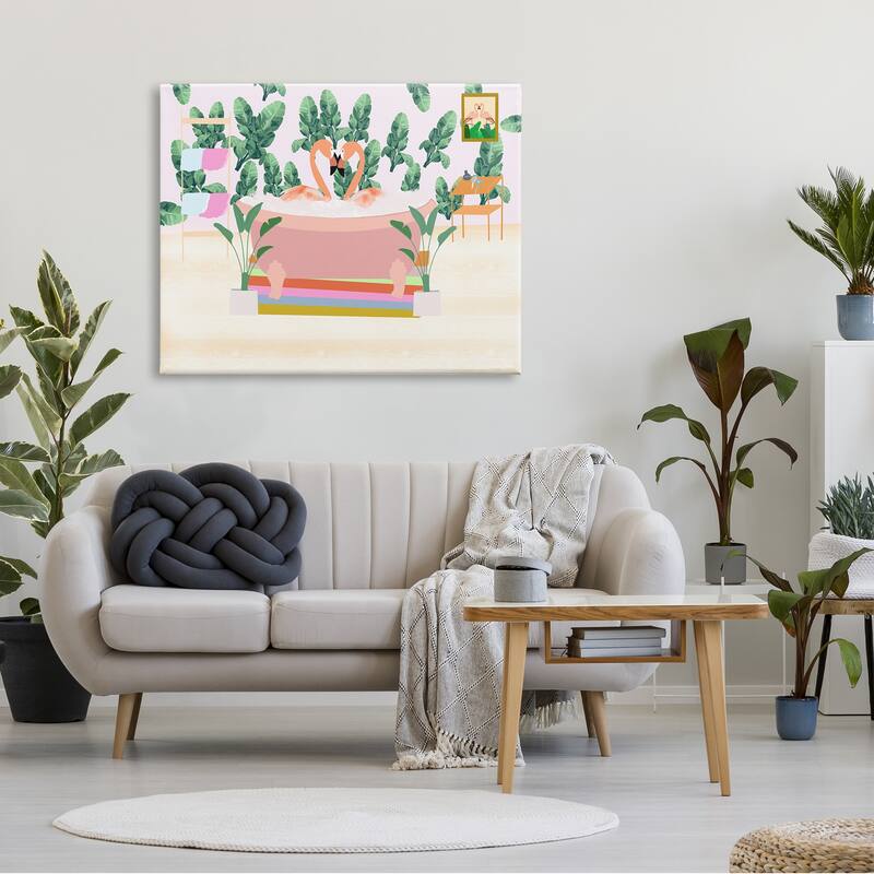 Stupell Tropical Pink Flamingo Pair Bubble Bath Tropical Bathroom Canvas Wall Art - Green