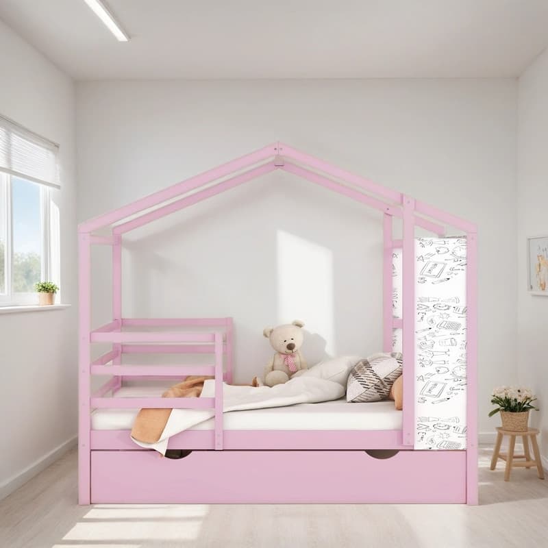 Playhouse Design Full Size Wood House Bed Kids Bed with Fence and ...