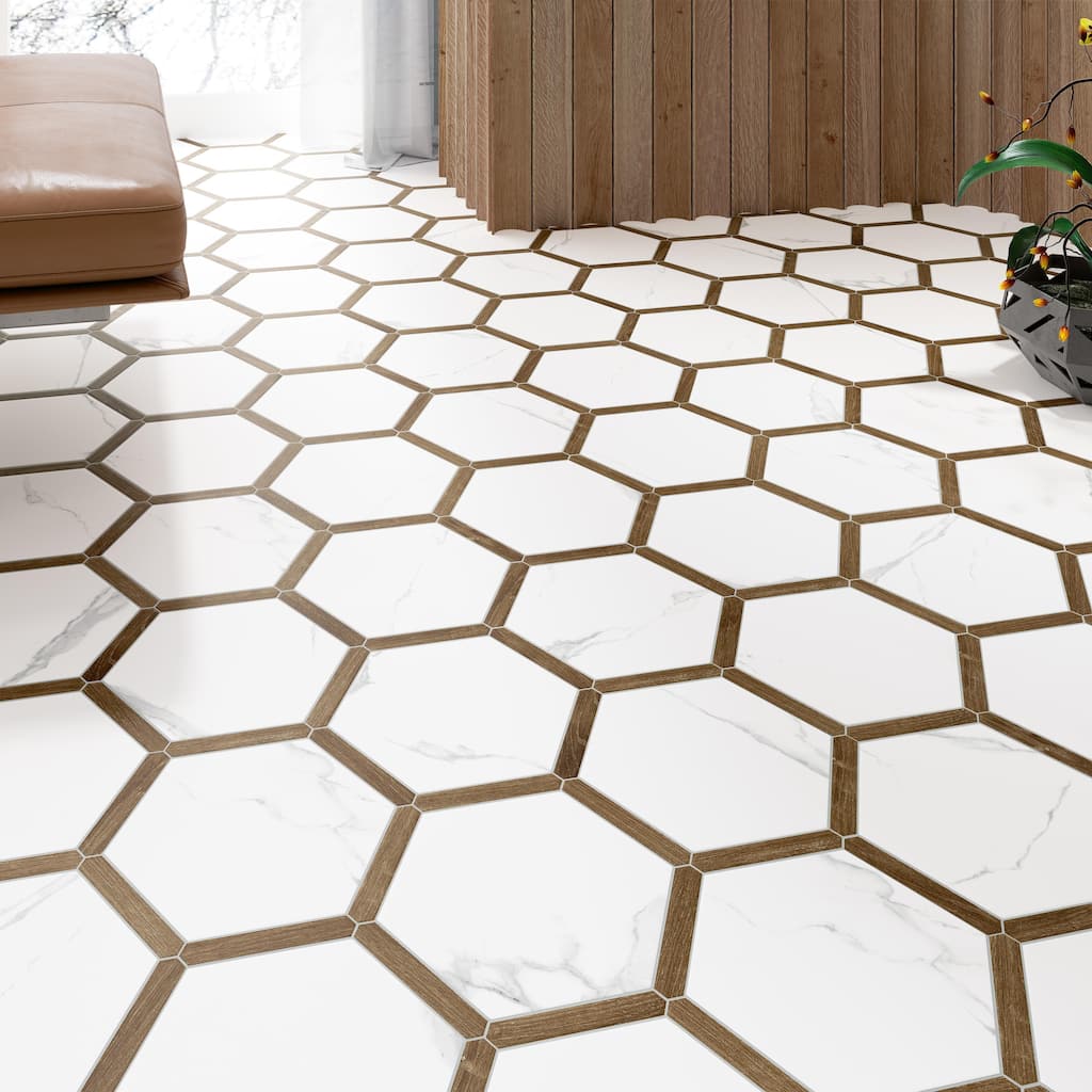 Merola Tile Marwood Panal Calacatta with Oak Picket 8-5/8" x 9-7/8" Porcelain Floor and Wall Tile