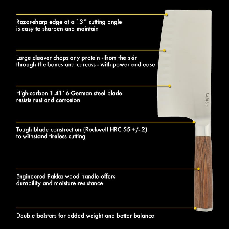 Babish High Carbon 1.4116 German Steel Full Tang 6.5-Inch Forged Cleaver Knife - for Heavy-Duty Chopping and Slicing
