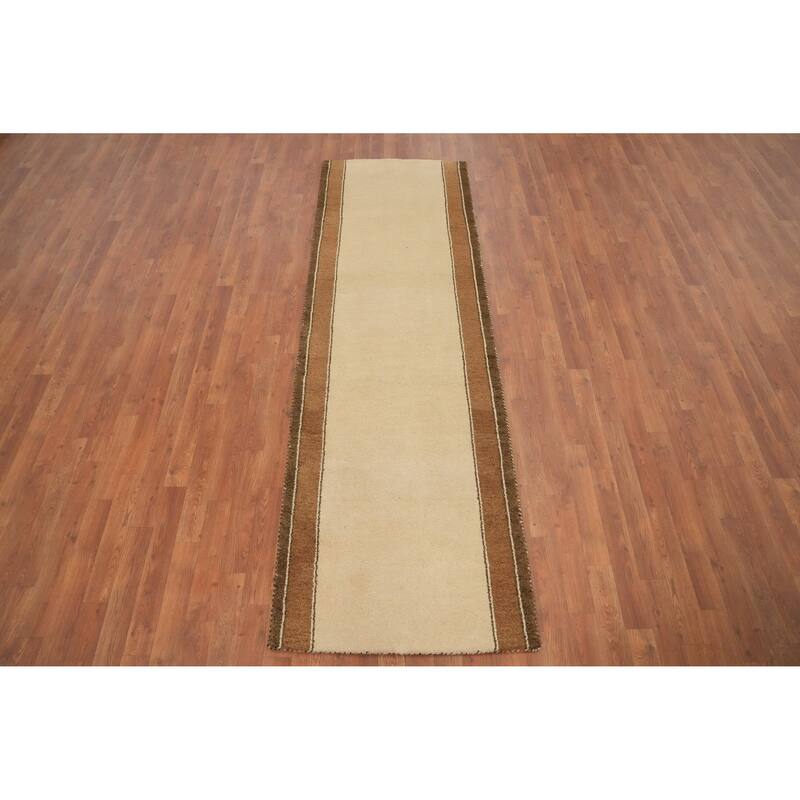 Hand Knotted Oriental 100% Wool Carpet Modern Bordered Beige & Ivories Gabbeh Runner Rug - 8' 4'' X 2' 8''