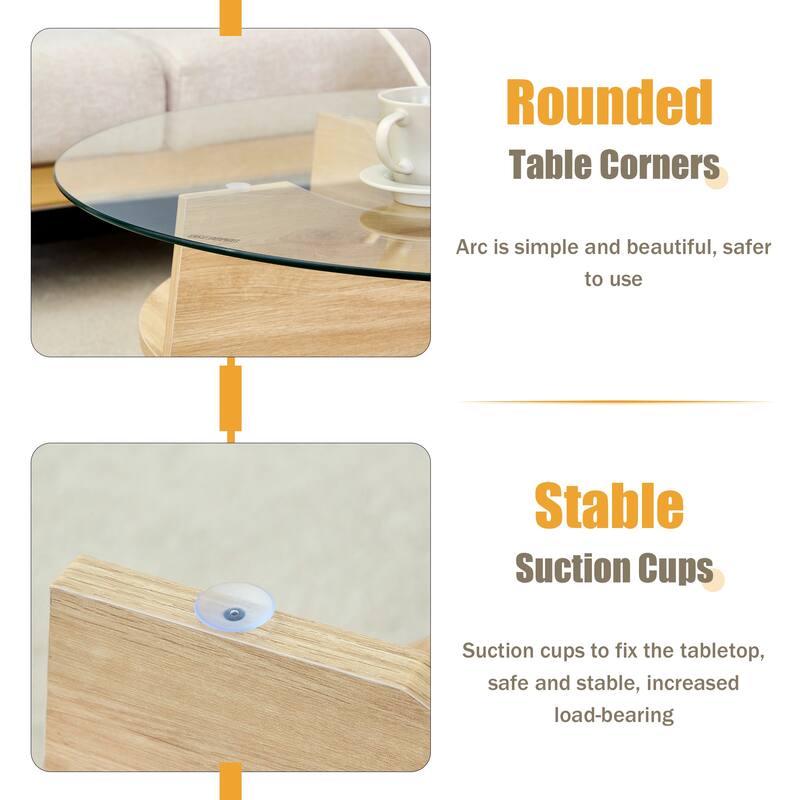 GDFStudio Marcellus Tempered Glass Coffee Table with Wood Legs and Fan-Shaped Pedestal Design