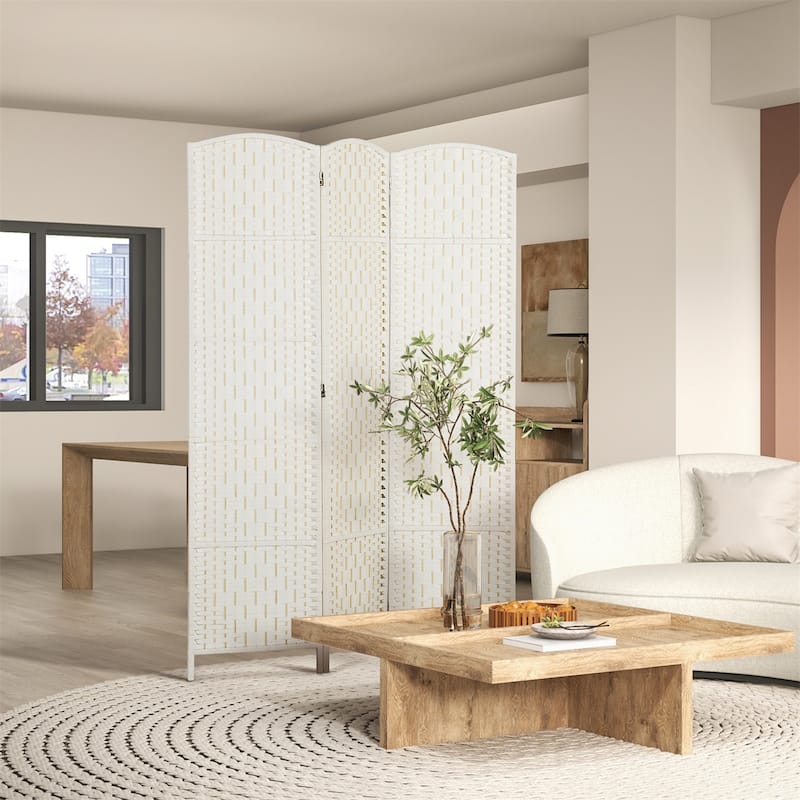 Nature Wood-White Poplar Paper Rope Folding Room Divider with Panels