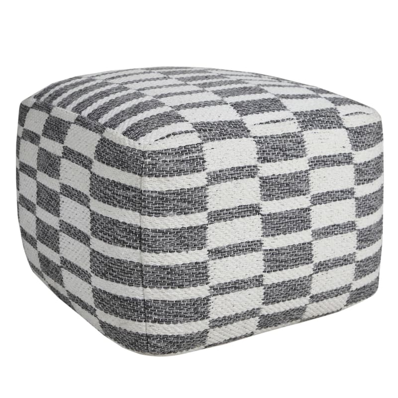 18" White and Gray Checkered Square Pouf Ottoman