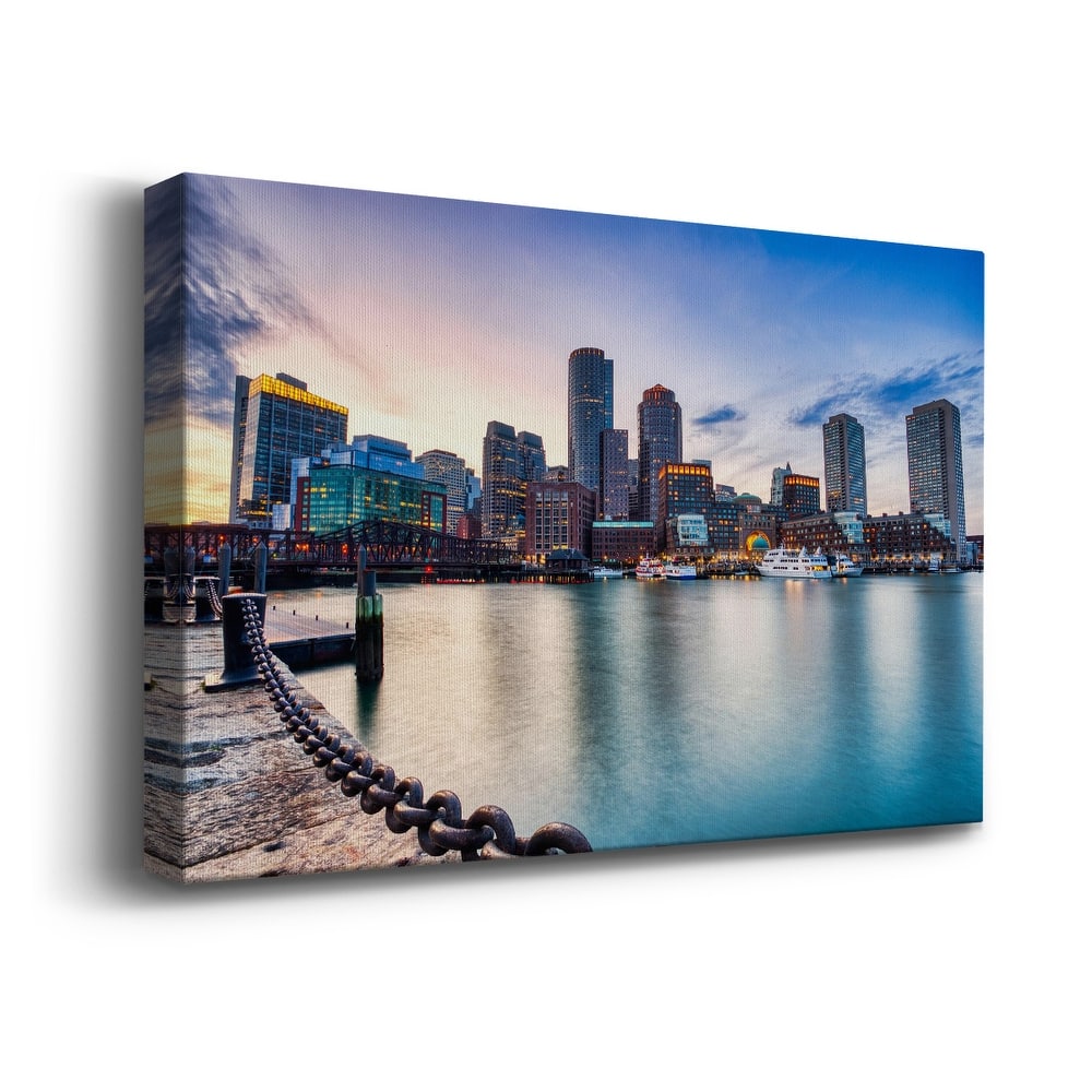 Boston Skyline with Financial District and Boston Harbor at Sunset Premium Gallery Wrapped Canvas - Ready to Hang