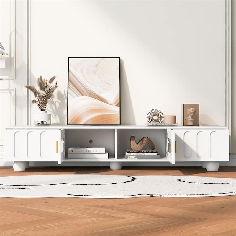 Modern Wood TV Stand with Glass Door, 2 Drawers and Wood Legs