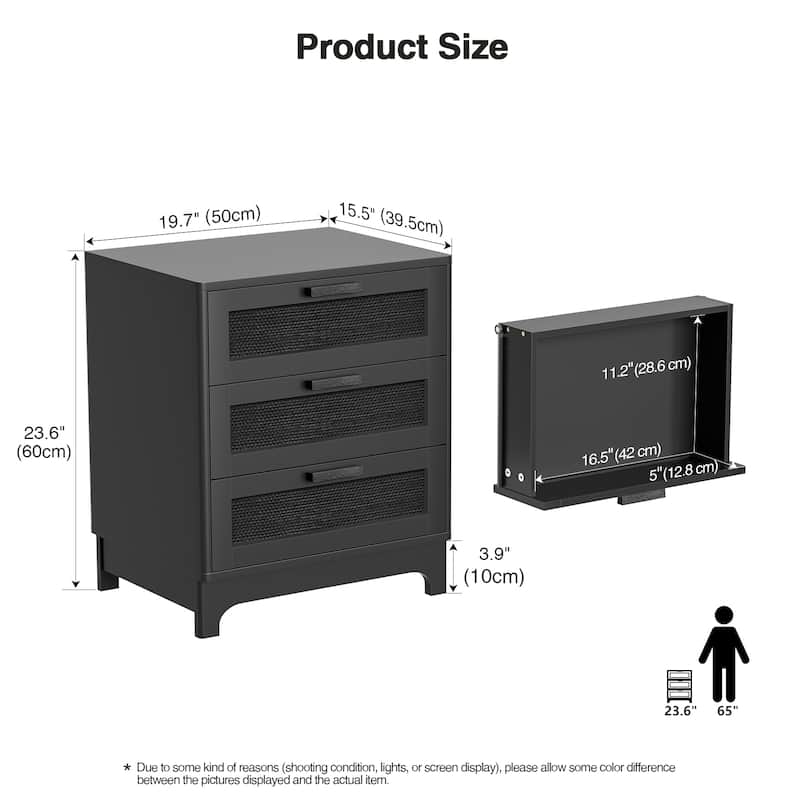 Anmytek Modern Black Wood Rattan Nightstand Bedside Table Side Table with 3 Drawers for Bedroom