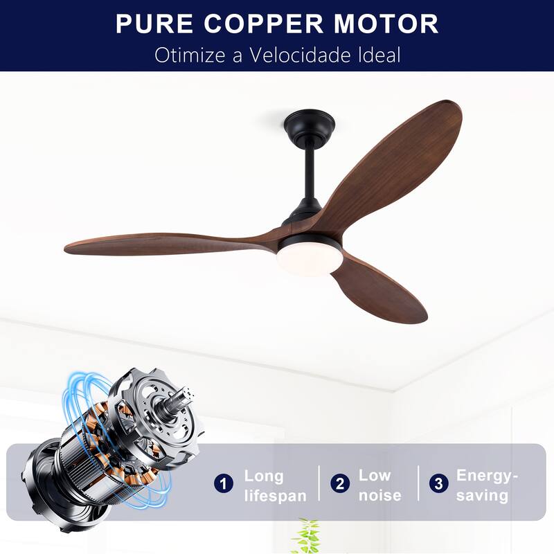 52 Inch Ceiling Fans With Lights, Dimmable LED, 3 Solid Wood Blades, Ceiling Fan with Remote Control Reversible DC Motor