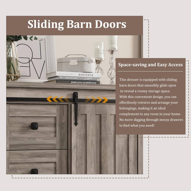 Farmhouse 5 Drawer Dresser for Bedroom, 48" Tall Wood Dresser Chest of Drawer with Sliding Barn Door