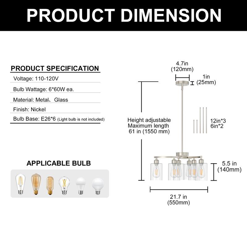 YANSUN 6-Light Brushed Nickel Chandelier with Curved Arms