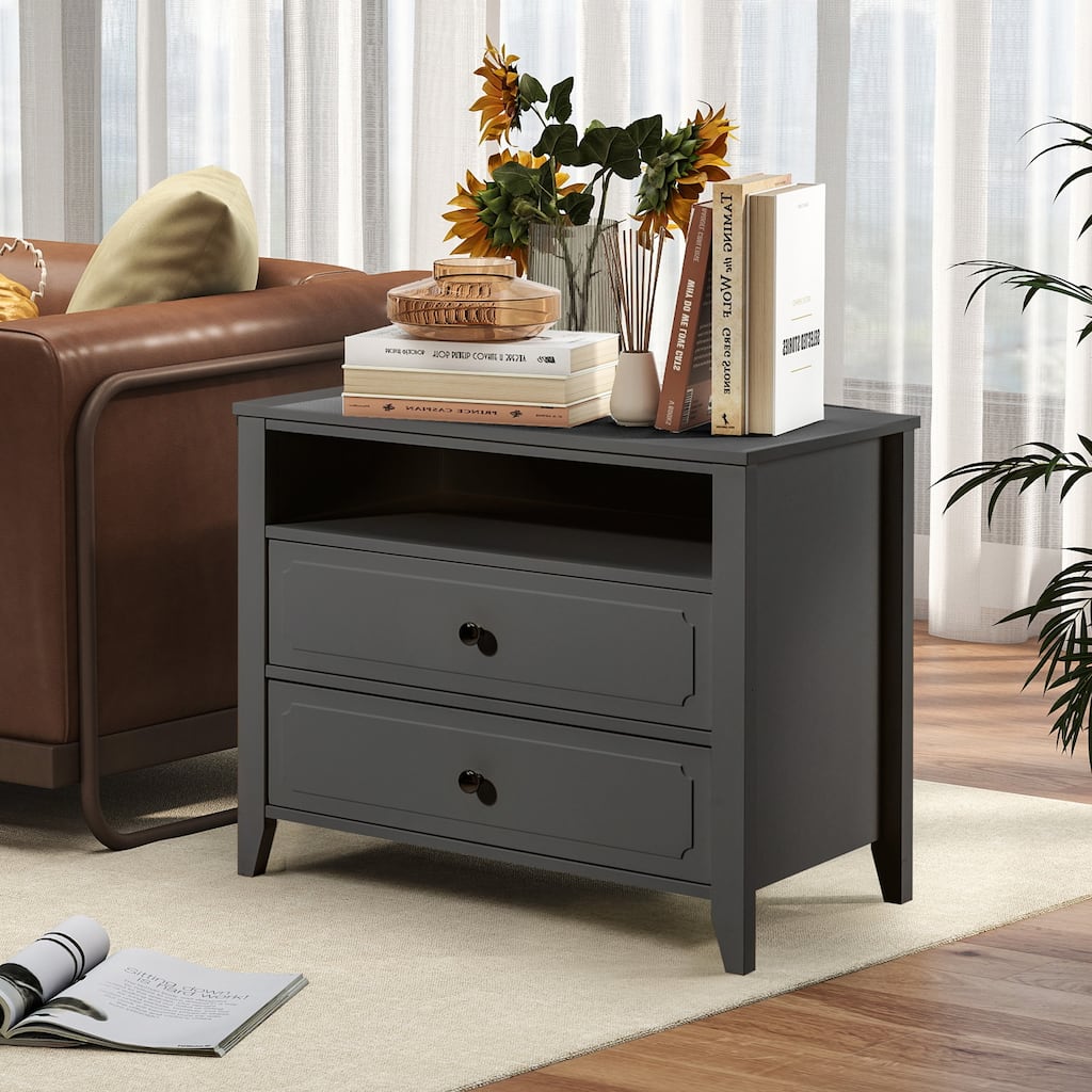 EROMMY Wide Nightstand – 2‑Drawer Bedside Table with Open Shelf, MDF Wood End Table for Bedroom Living Room